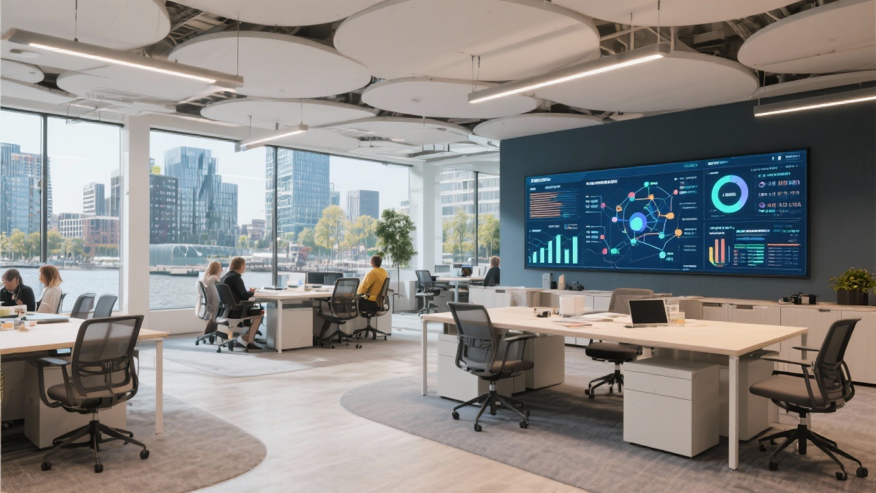 Modern office space in Amsterdam Zuidas with collaborative work areas and digital screens displaying supply chain analytics