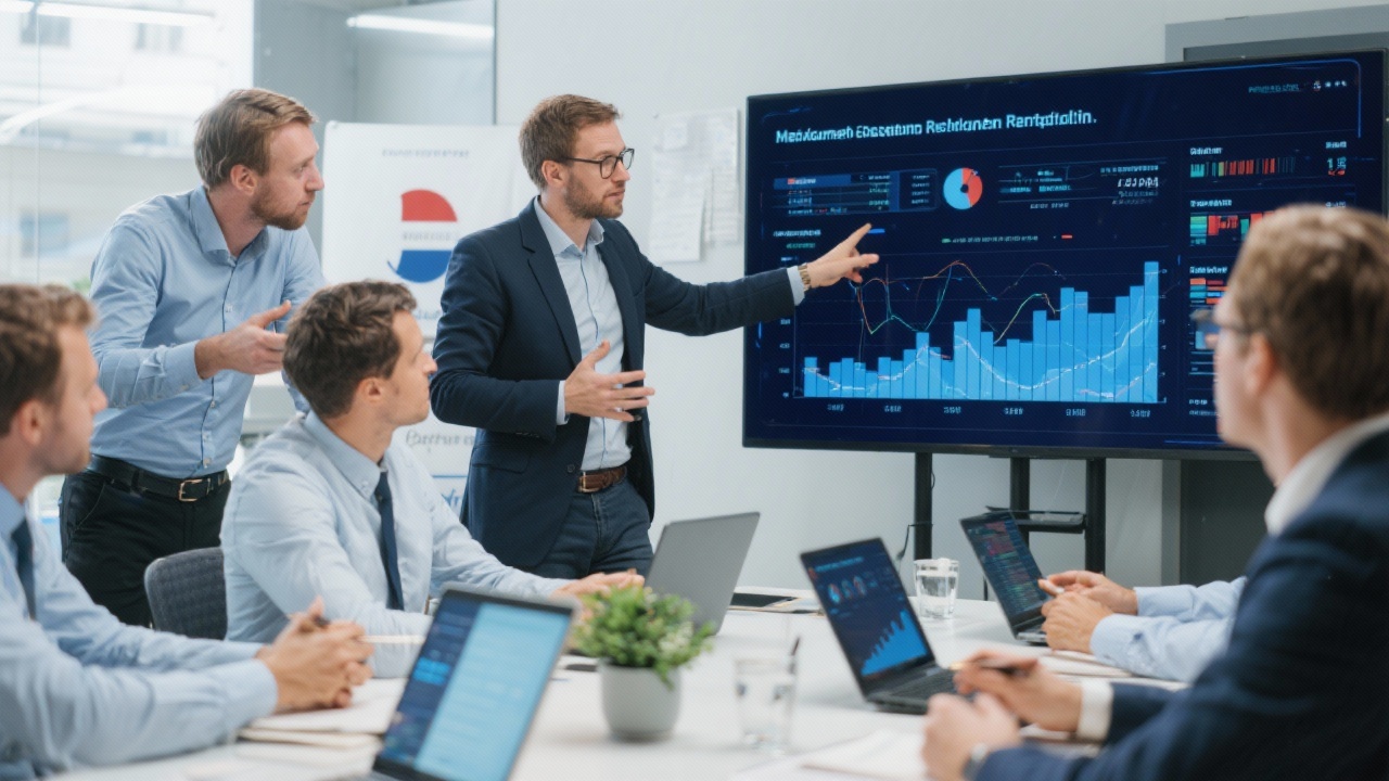 Consultants guiding Dutch supply chain managers through workshop using digital collaboration tools and data projections