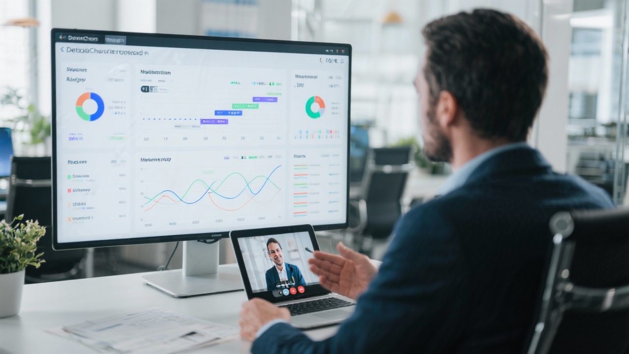 Consultant of DeltaChain Strategies speaking with client via video call from Amsterdam office, displaying supply chain dashboards