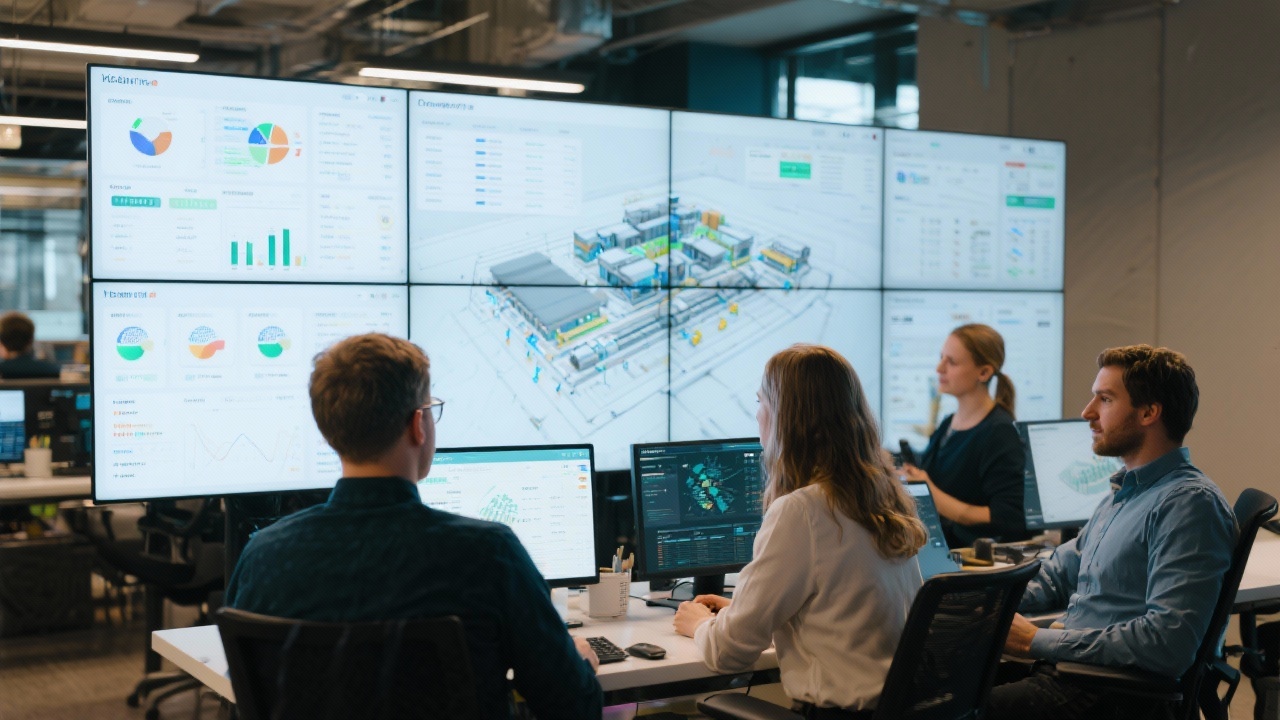 Data analyst team in Amsterdam using multi-screen dashboards to run supply chain digital twin simulations with live feeds from manufacturing and logistics partners