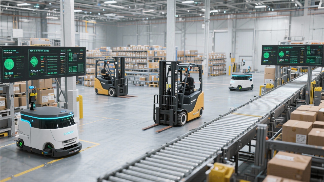 Modern Dutch distribution center interior with autonomous forklifts, conveyor belts, and digital dashboards monitoring inventory levels in real time