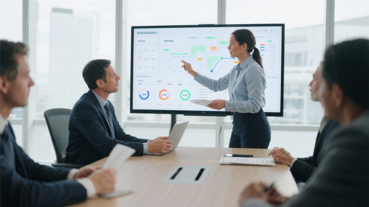 Intake meeting with supply chain director and consultant reviewing tactical roadmap and KPI dashboards in well-lit meeting room