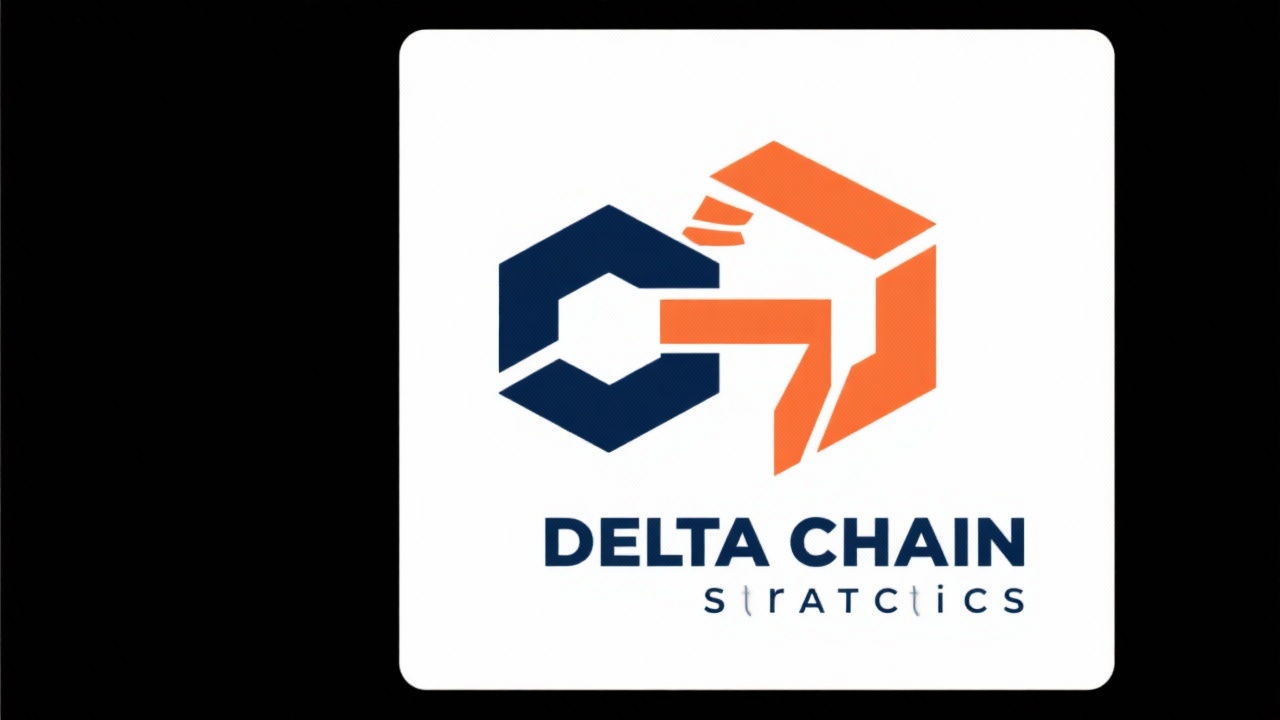 Logomark of DeltaChain Strategies featuring geometric supply chain symbol with navy and orange colors