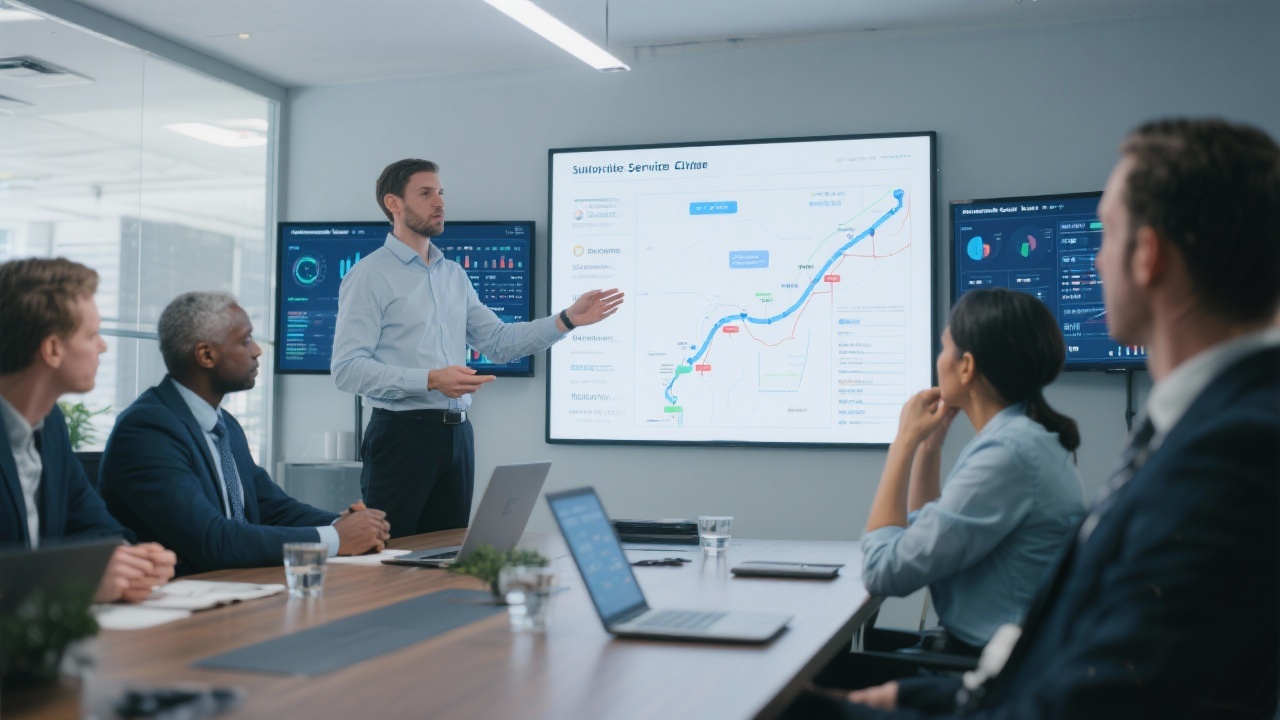 Service overview showing consultants presenting roadmap charts and digital dashboards to supply chain executives in a modern conference room