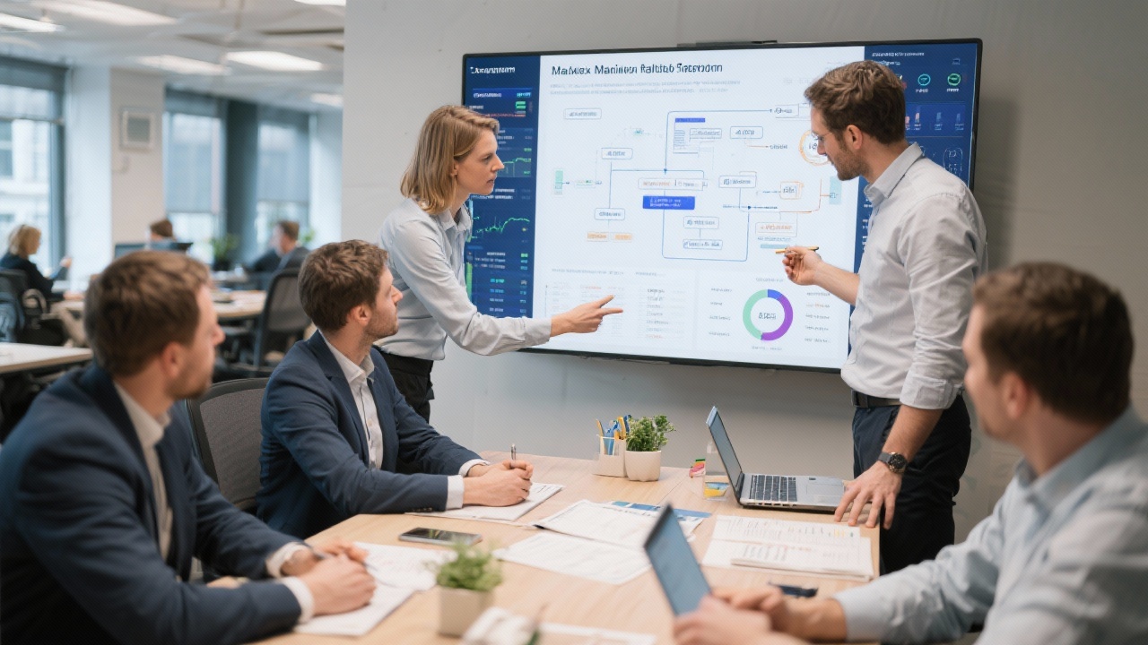 Supply chain consultants collaborating in Amsterdam office reviewing process maps and performance dashboards during workshop
